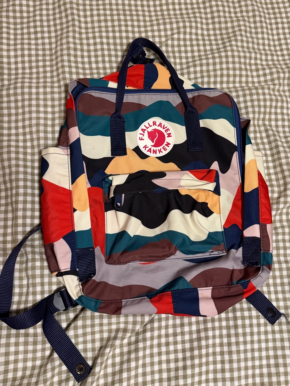 Fjallraven Kanken Colorful Wave Pattern Backpack with Navy Straps